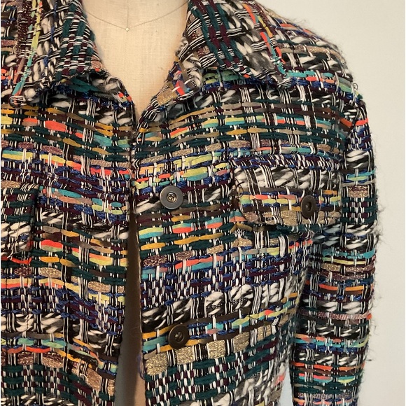 Milly Multi Colored Jacket with Black Fringe Detail and Gold Metal Roping. - Picture 2 of 14